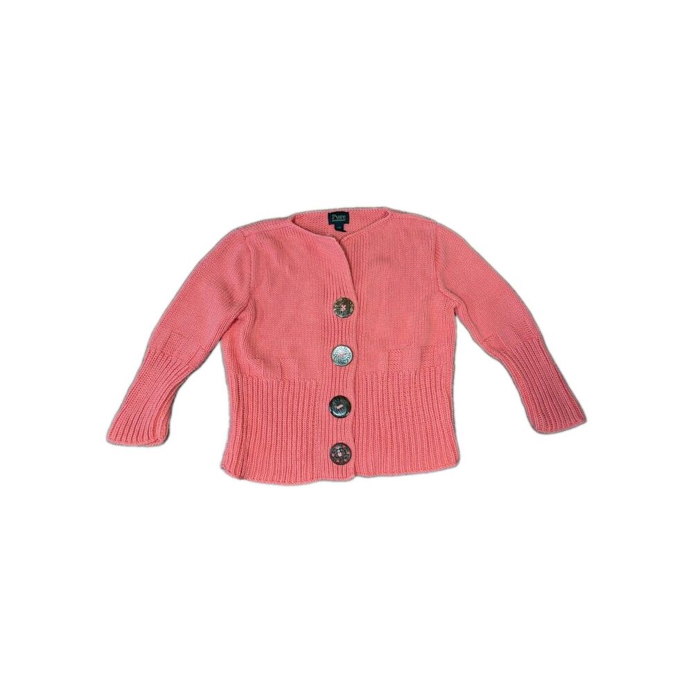 Pure Handknit Cardigan Sweater Women's L/XL Coral 100% Cotton Chunky Cozy Warm